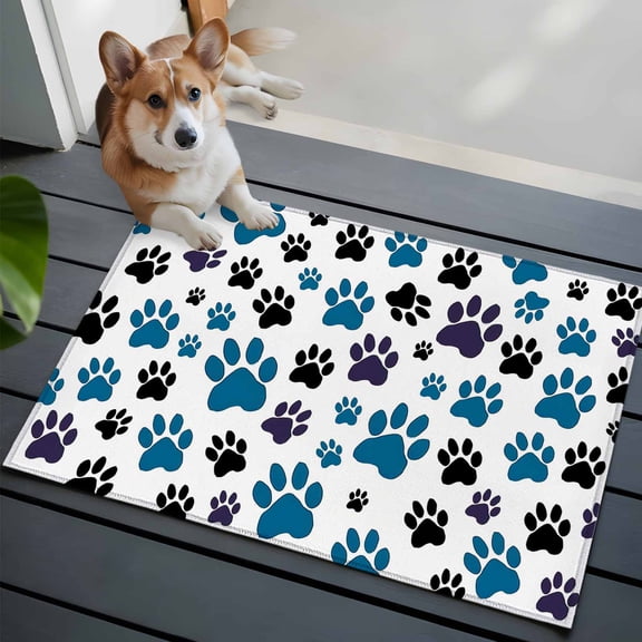 2x3 Washable Entryway Rug, Blue and Non-Slip Area Rug for Front Door Kitchen Bathroom, Black Dog Paw Print Indoor Floor Mat for Home Decor