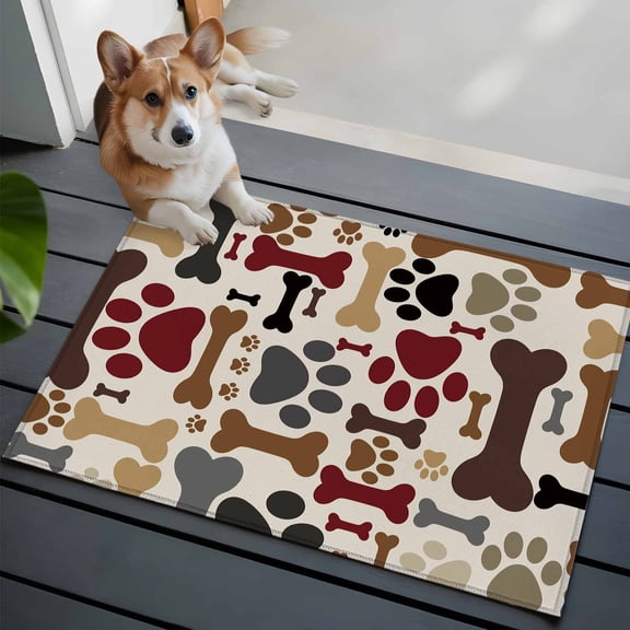 2x3 Washable Entryway Rug, Bones Dog Claws Non-Slip Area Rug for Front Door Kitchen Bathroom, Red Brown Black Bone Footprints Cute Dogs Animals Indoor Floor Mat for Home Decor