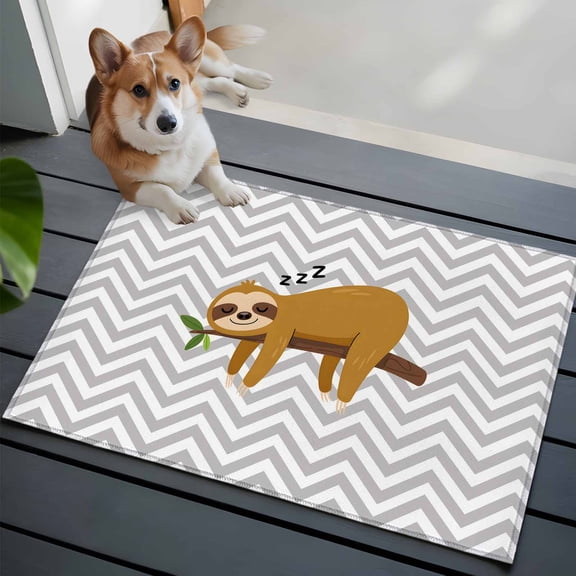 2x3 Washable Entryway Rug, Cartoon Animals Non-Slip Area Rug for Front Door Kitchen Bathroom, Brown Sleeping Lazy Sloths Grey Chevron Indoor Floor Mat for Home Decor