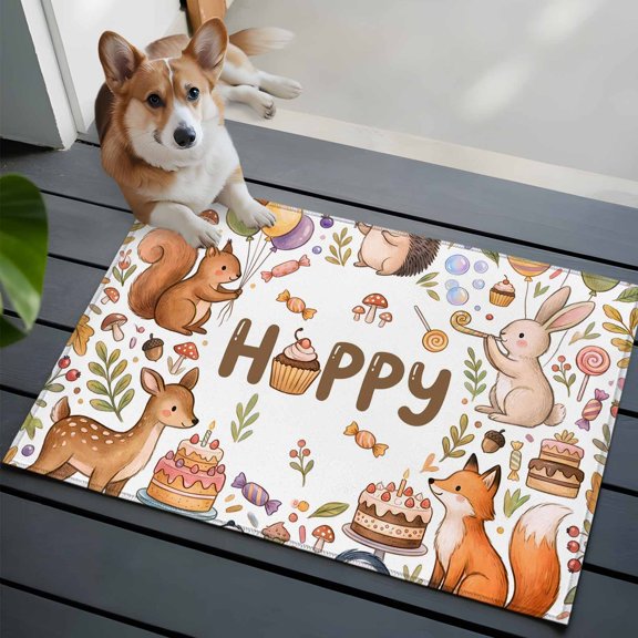 2x3 Washable Entryway Rug, Cartoon Animals Non-Slip Area Rug for Front Door Kitchen Bathroom, Happy Cakes Deer Squirrels Hedgehogs Forests Candy Indoor Floor Mat for Home Decor