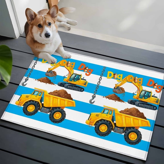 2x3 Washable Entryway Rug, Cartoon Engineering Non-Slip Area Rug for Front Door Kitchen Bathroom, Dig Hooks Carload Excavator Blue Stripes Indoor Floor Mat for Home Decor
