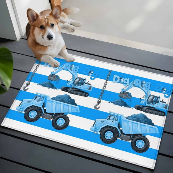 2x3 Washable Entryway Rug, Cartoon Engineering Non-Slip Area Rug for Front Door Kitchen Bathroom, Dig Hooks Carloading Excavator Blue Stripes Indoor Floor Mat for Home Decor