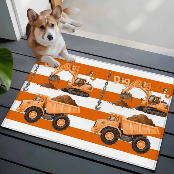 2x3 Washable Entryway Rug, Cartoon Engineering Non-Slip Area Rug for Front Door Kitchen Bathroom, Dig Hooks Carloading Excavator Orange Stripes Indoor Floor Mat for Home Decor