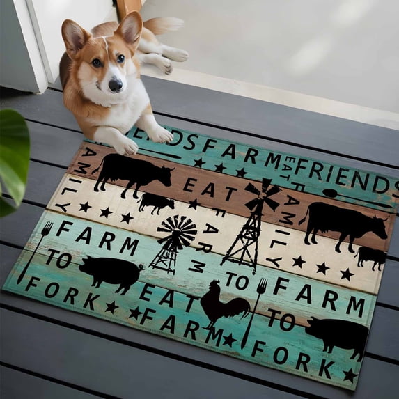 2x3 Washable Entryway Rug, Chicken Cow Pig Non-Slip Area Rug for Front Door Kitchen Bathroom, Farmhouse Animal Windmills Teal Wood Grain Indoor Floor Mat for Home Decor