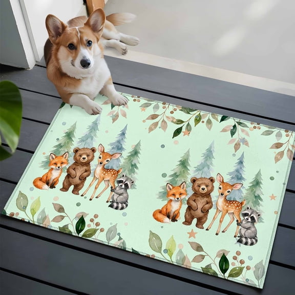 2x3 Washable Entryway Rug, Children's Day Non-Slip Area Rug for Front Door Kitchen Bathroom, Cartoon Animal Elephant Zebras Fox Giraffe Leaf Tree Green Indoor Floor Mat for Home Decor