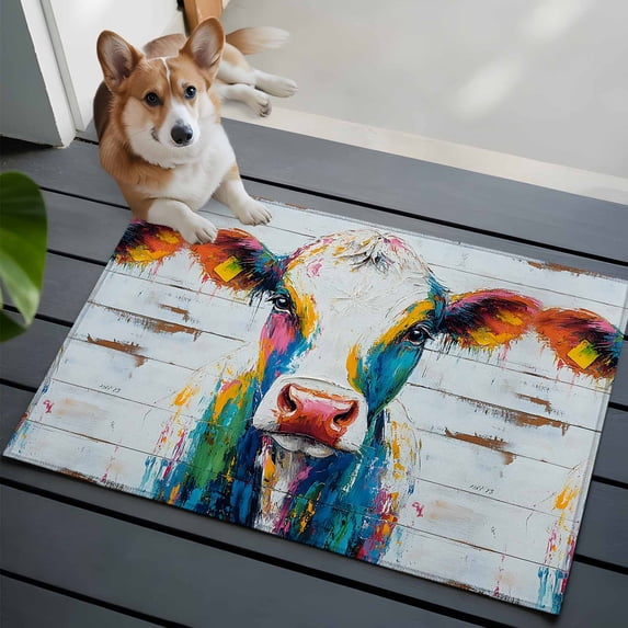 2x3 Washable Entryway Rug, Country Oil Painting Non-Slip Area Rug for Front Door Kitchen Bathroom, Vintage Colored Cow Wood Texture Indoor Floor Mat for Home Decor