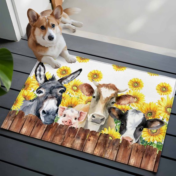 2x3 Washable Entryway Rug, Farm Animal Non-Slip Area Rug for Front Door Kitchen Bathroom, Vintage Farmhouse Donkey Pig Cow Sunflower Leaf Wood Fence Indoor Floor Mat for Home Decor