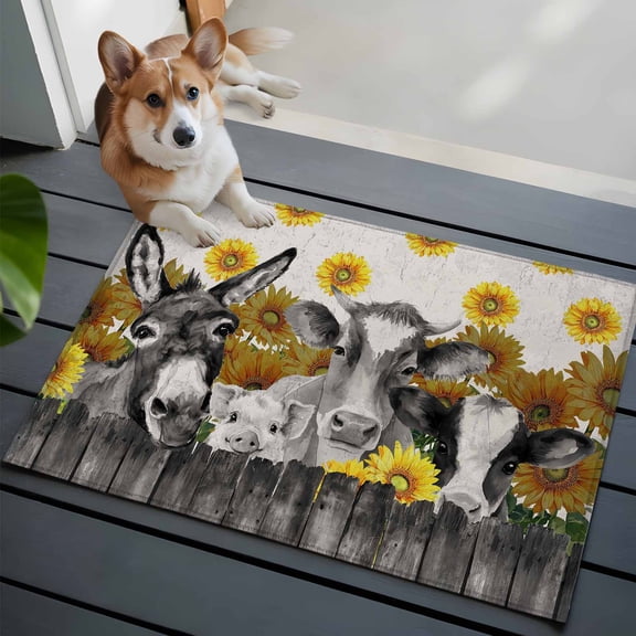 2x3 Washable Entryway Rug, Farm Animal Sunflower Non-Slip Area Rug for Front Door Kitchen Bathroom, Retro Farmhouse Donkey Pig Cow Flower Wood Fence Indoor Floor Mat for Home Decor