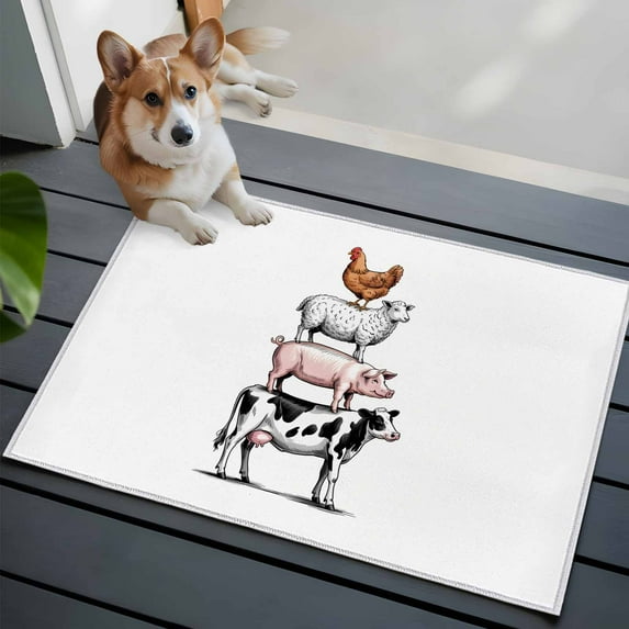 2x3 Washable Entryway Rug, Farm Animals Non-Slip Area Rug for Front Door Kitchen Bathroom, Cow Pig Chickens Countryside White Background Indoor Floor Mat for Home Decor