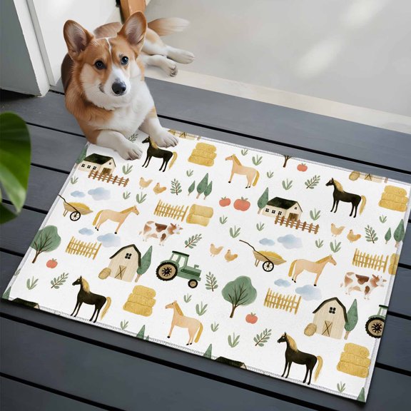2x3 Washable Entryway Rug, Farm Non-Slip Area Rug for Front Door Kitchen Bathroom, Farmhouse Cartoon Horse Cow Chicken Fence Truck Tree Leaf Indoor Floor Mat for Home Decor