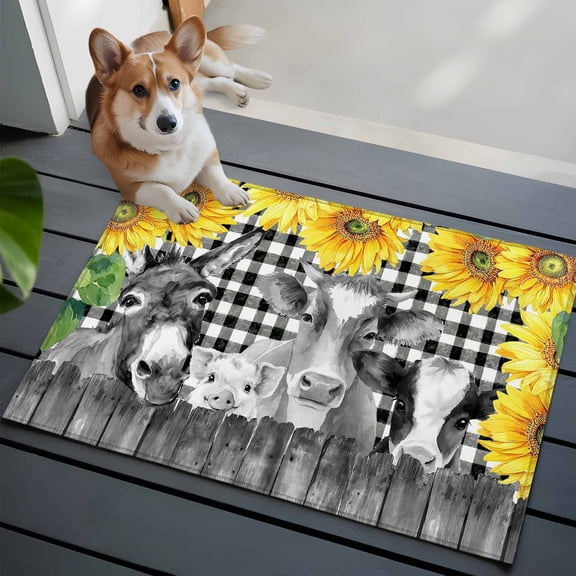 2x3 Washable Entryway Rug, Farm Non-Slip Area Rug for Front Door Kitchen Bathroom, Retro Farmhouse Donkey Pig Cow Sunflower Wood Fence Black Plaid Indoor Floor Mat for Home Decor