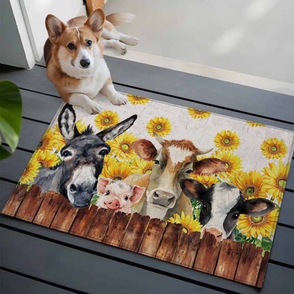 2x3 Washable Entryway Rug, Farm Sunflower Non-Slip Area Rug for Front Door Kitchen Bathroom, Vintage Farmhouse Donkey Pig Cow Flower Leaf Wood Fence Indoor Floor Mat for Home Decor