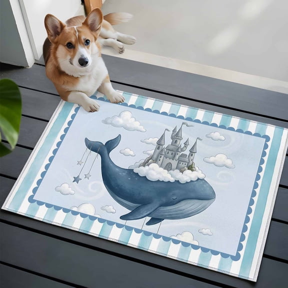 2x3 Washable Entryway Rug, Gray Castle Whale Non-Slip Area Rug for Front Door Kitchen Bathroom, Blue Border Striped White Clouds Watercolor Indoor Floor Mat for Home Decor