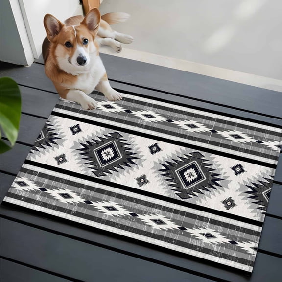 2x3 Washable Entryway Rug, Gray Southwestern Non-Slip Area Rug for Front Door Kitchen Bathroom, Native Aztec Ethnic Style Geometric Indoor Floor Mat for Home Decor