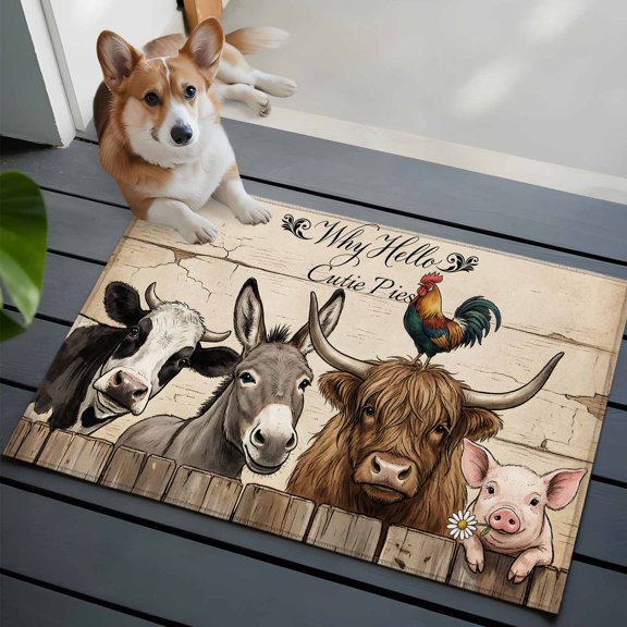2x3 Washable Entryway Rug, Why Hello Cutie Pies Non-Slip Area Rug for Front Door Kitchen Bathroom, Farm Donkey Pig Cow Chicken Wooden Fence Retro Indoor Floor Mat for Home Decor