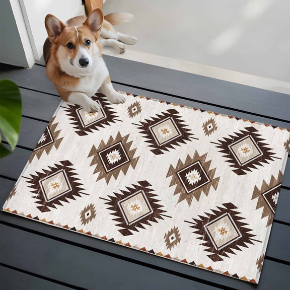 2x3 Washable Entryway Rug, Khaki Brown Non-Slip Area Rug for Front Door Kitchen Bathroom, Aztec Ethnic Southwestern Native Geometric Indoor Floor Mat for Home Decor