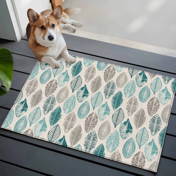 2x3 Washable Entryway Rug, Leaves Specimens Non-Slip Area Rug for Front Door Kitchen Bathroom, Teal Green Grey Burlap Background Indoor Floor Mat for Home Decor