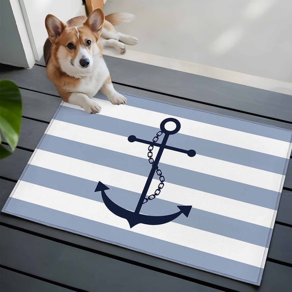 2x3 Washable Entryway Rug, Nautical Anchor Non-Slip Area Rug for Front Door Kitchen Bathroom, Sky Blue and White Striped Indoor Floor Mat for Home Decor