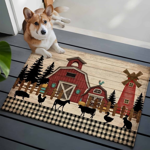 2x3 Washable Entryway Rug, Red Farmhouse Non-Slip Area Rug for Front Door Kitchen Bathroom, Country Farm Barn Cow Pig Chicken Fence Tree Black Plaid Indoor Floor Mat for Home Decor