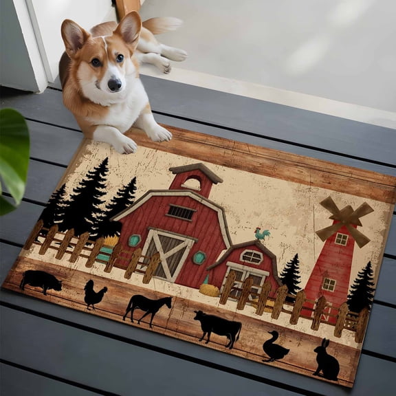 2x3 Washable Entryway Rug, Red Farmhouse Non-Slip Area Rug for Front Door Kitchen Bathroom, Country Farm Barn Cow Pig Chicken Fence Tree Wood Grain Indoor Floor Mat for Home Decor