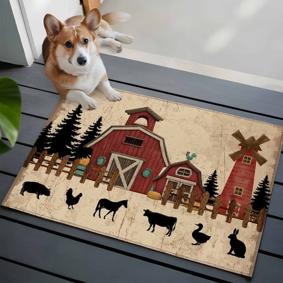 2x3 Washable Entryway Rug, Red Farmhouse Non-Slip Area Rug for Front Door Kitchen Bathroom, Vintage Farm Barn Cow Pig Chicken Rabbit Fence Tree Indoor Floor Mat for Home Decor