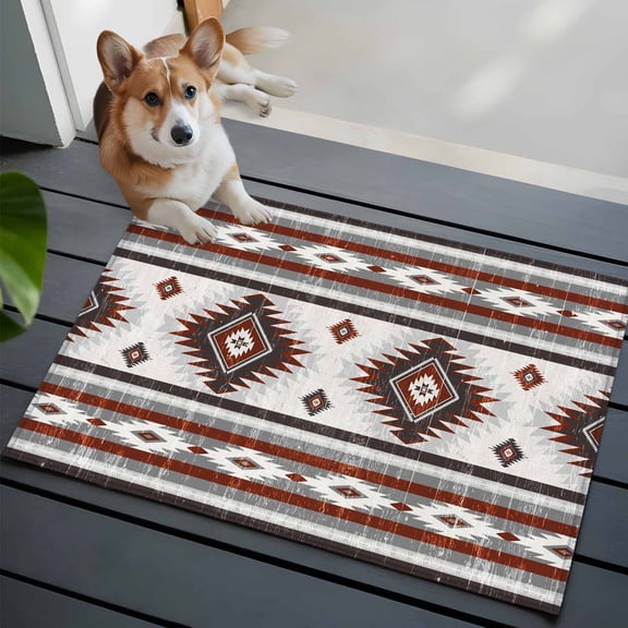 2x3 Washable Entryway Rug, Red Grey Non-Slip Area Rug for Front Door Kitchen Bathroom, Southwestern Native Aztec Ethnic Style Geometric Indoor Floor Mat for Home Decor