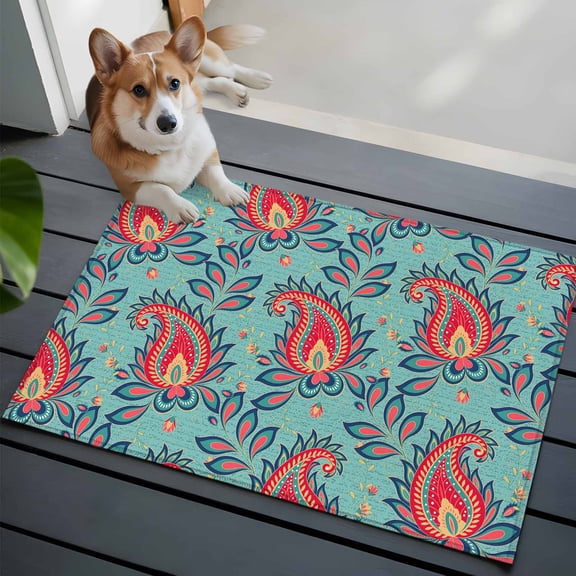 2x3 Washable Entryway Rug, Teal Red Bandanna Non-Slip Area Rug for Front Door Kitchen Bathroom, Ethnic Indian Style Indoor Floor Mat for Home Decor