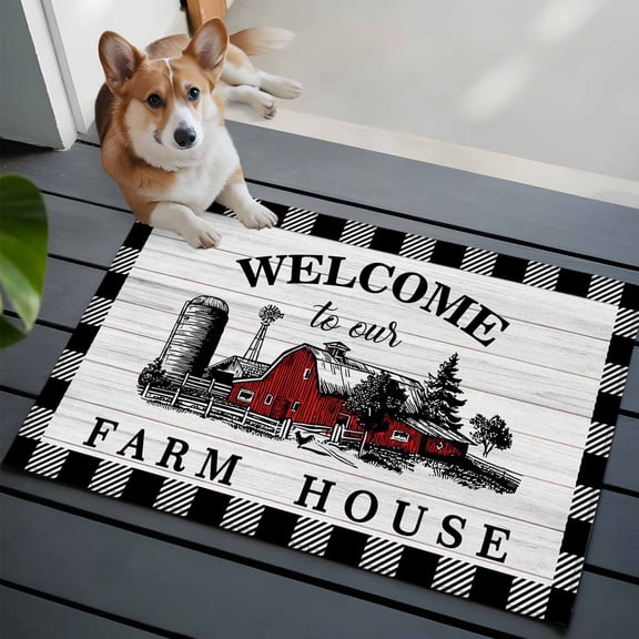 2x3 Washable Entryway Rug, Welcome to Our Farm House Non-Slip Area Rug for Front Door Kitchen Bathroom, Red Barn Vintage Black White Plaid Wood Grain Indoor Floor Mat for Home Decor