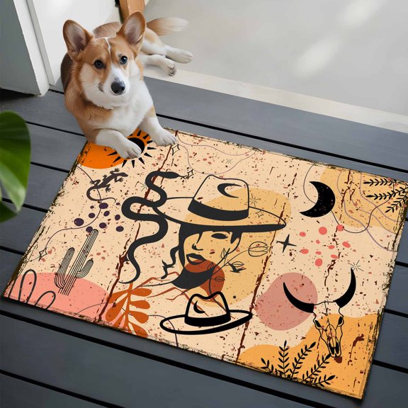 2x3 Washable Entryway Rug, Western Cowboy Non-Slip Area Rug for Front Door Kitchen Bathroom, Cactus Cowgirl Animal Leaf Sun Boho Indoor Floor Mat for Home Decor