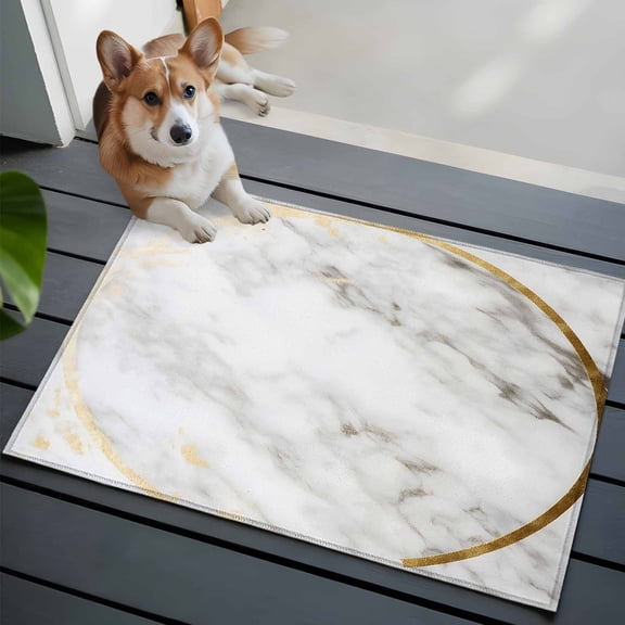 2x3 Washable Entryway Rug, White Marble Non-Slip Area Rug for Front Door Kitchen Bathroom, Abstract Gold Circle Marble Texture Contemporary Indoor Floor Mat for Home Decor