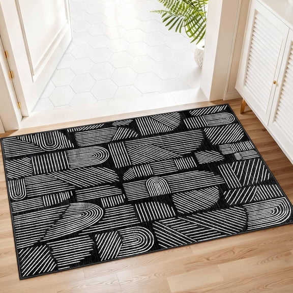 2x3 Washable Rug Small Area Rugs Low Pile Mid Century Modern | Throw Carpet for Entryway Bathroom Kitchen Bedroom Bedside Non Slip Floor Indoor Boho Abstract