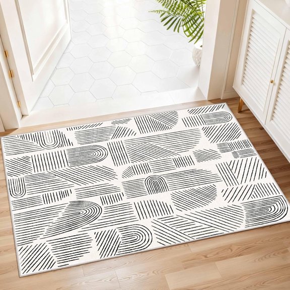2x3 Washable Rug Small Area Rugs Low Pile Mid Century Modern | Throw Carpet for Entryway Bathroom Kitchen Bedroom Bedside Non Slip Floor Indoor Boho Abstract White and Black