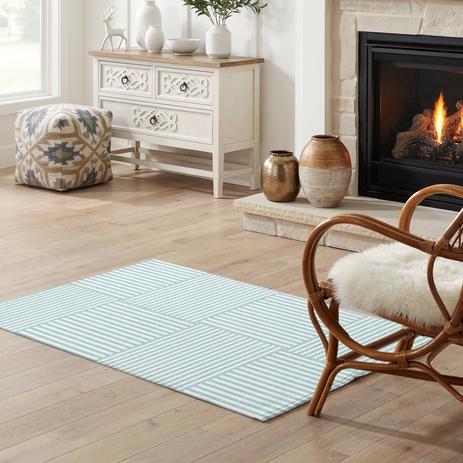 2x3 Washable Rugs for Entryway, Teal White Plaid Striped Non-Slip Front ...