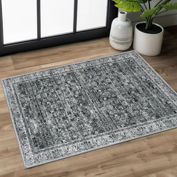 2x3 Washable Small Area Rug For Entryway Moss Charcoal Soft Non-slip Indoor Door Mat Distressed Floral Low-pile Kitchen Rugs Neutral Vintage Carpet Entrance Bedside Farmhouse