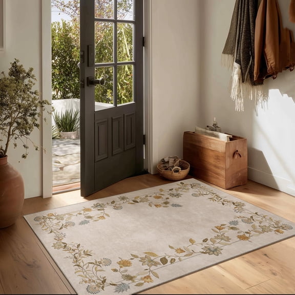 2x3 Washable Small Rugs For Entryway: Floral Door Mat Indoor Entrance Non Slip Rubber Backed Low Pile Soft Throw Area Bedroom Kitchen Front Foyer Entry Farmhouse