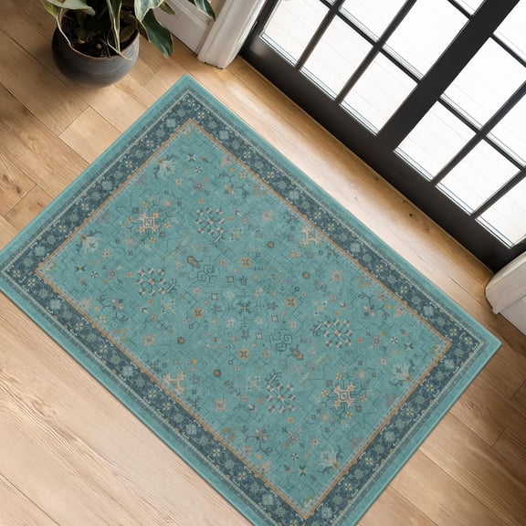 2x3 Washable Teal Rug for Entryway Indoor, Kitchen Floor Waterproof, Bathroom, Powder Room, Non Slip Low Pile Stain & Fade Resistant, Modern Turquoise Aqua Dcor