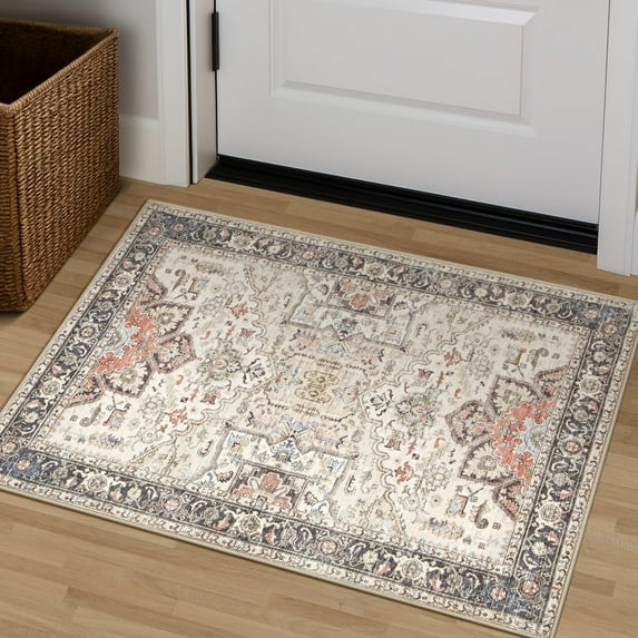Toyoso 2x3 Washable Vintage Floral Area Rug - Distressed Small Entryway Rug Doormat Bohemian Faux Wool Non-Slip Low-Pile Floor Carpet for Indoor Front Entrance Kitchen Bathroom-Multi