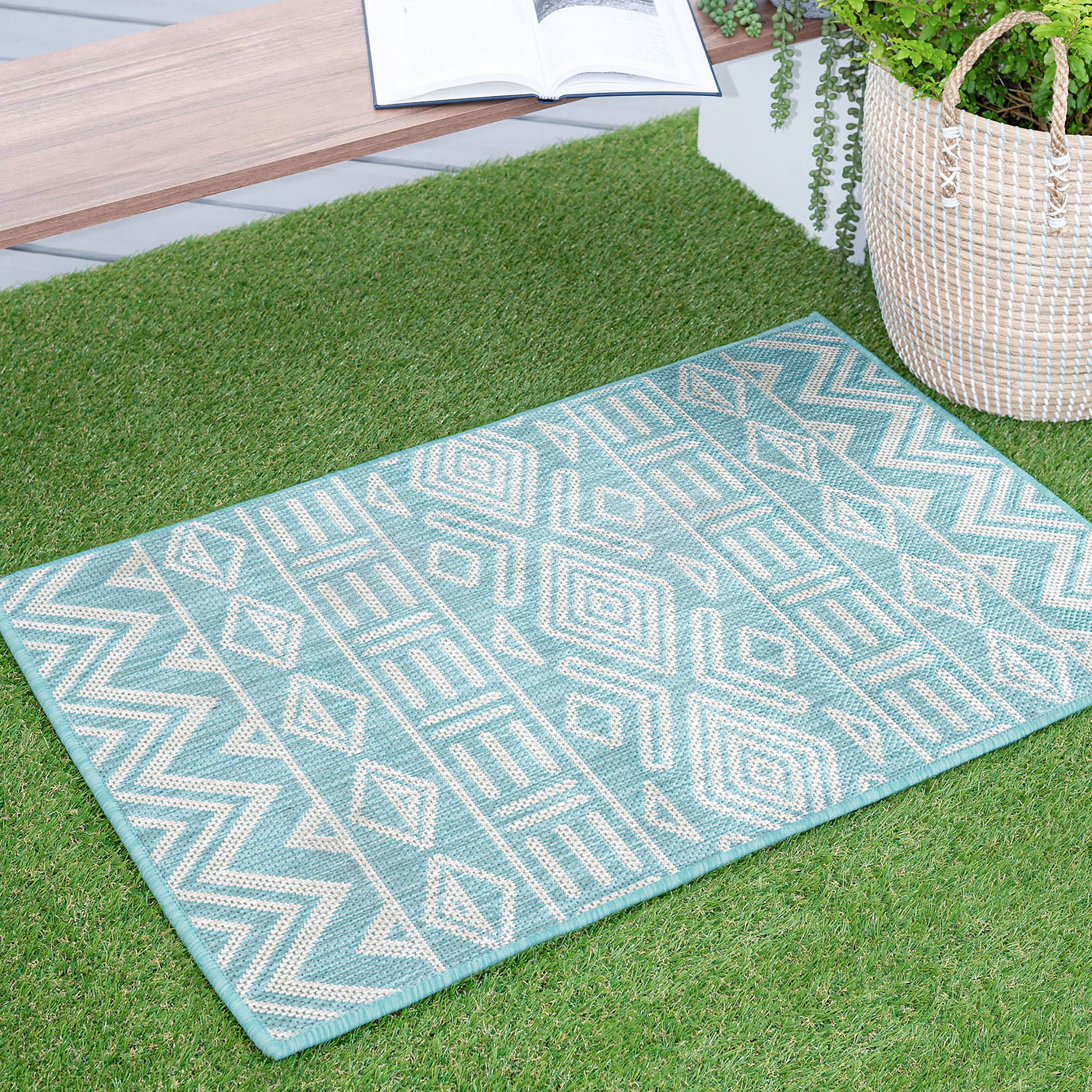 2x3 Water Resistant, Small Indoor Outdoor Rugs for Patios, Front Door Entry, Entryway, Deck, Porch, Balcony | Outside Area Rug for Patio | Aqua, Moroccan | Size: 2' x 3'