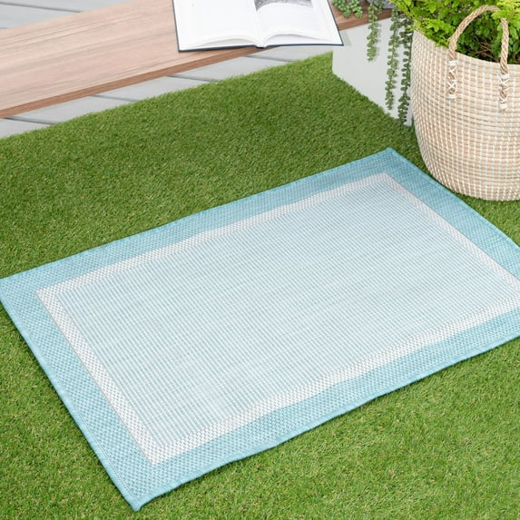 Bliss Rugs Solid Border Indoor Outdoor Rug Low-Profile Floor Mat for Patio, Entrance, Front Door |Aqua, 2' x 3'
