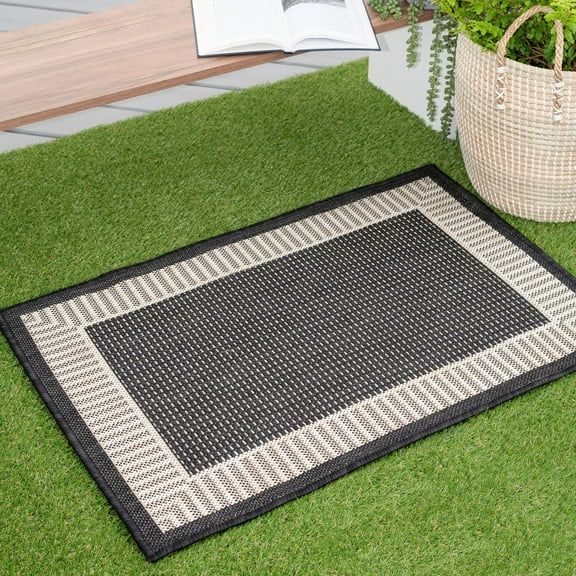 2x3 Water Resistant, Small Indoor Outdoor Rugs for Patios, Front Door Entry, Entryway, Deck, Porch, Balcony | Outside Area Rug for Patio | Black, Striped Border | Size: 2' x 3'
