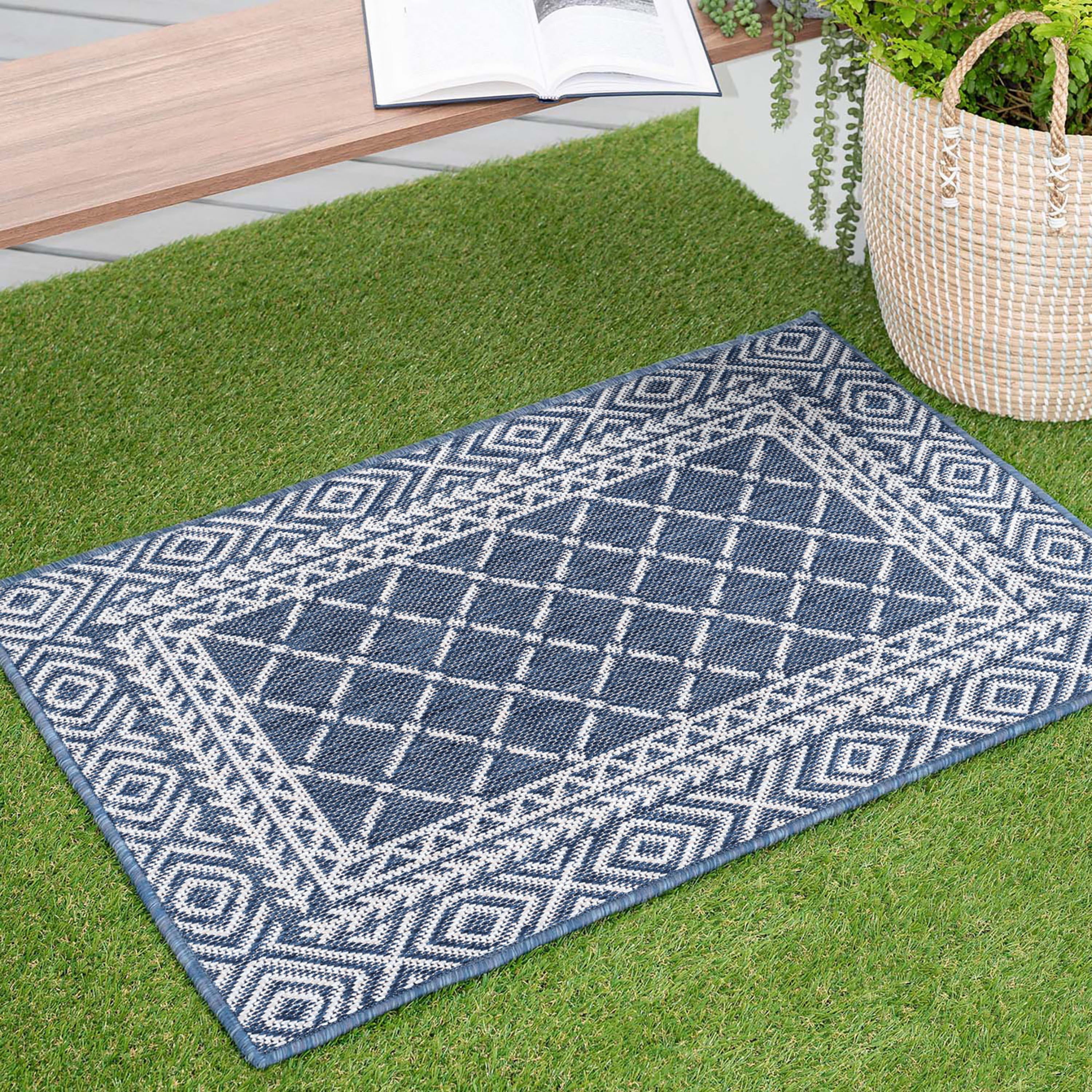 2x3 Water Resistant, Small Indoor Outdoor Rugs for Patios, Front Door Entry, Entryway, Deck, Porch, Balcony | Outside Area Rug for Patio | Blue, Diamond | Size: 2' x 3'
