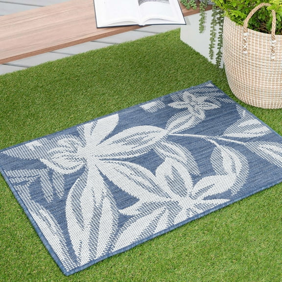Bliss Rugs Floral Indoor Outdoor Rug Low-Profile Floor Mat for Patio, Entrance, Front Door | Blue, 2' x 3'