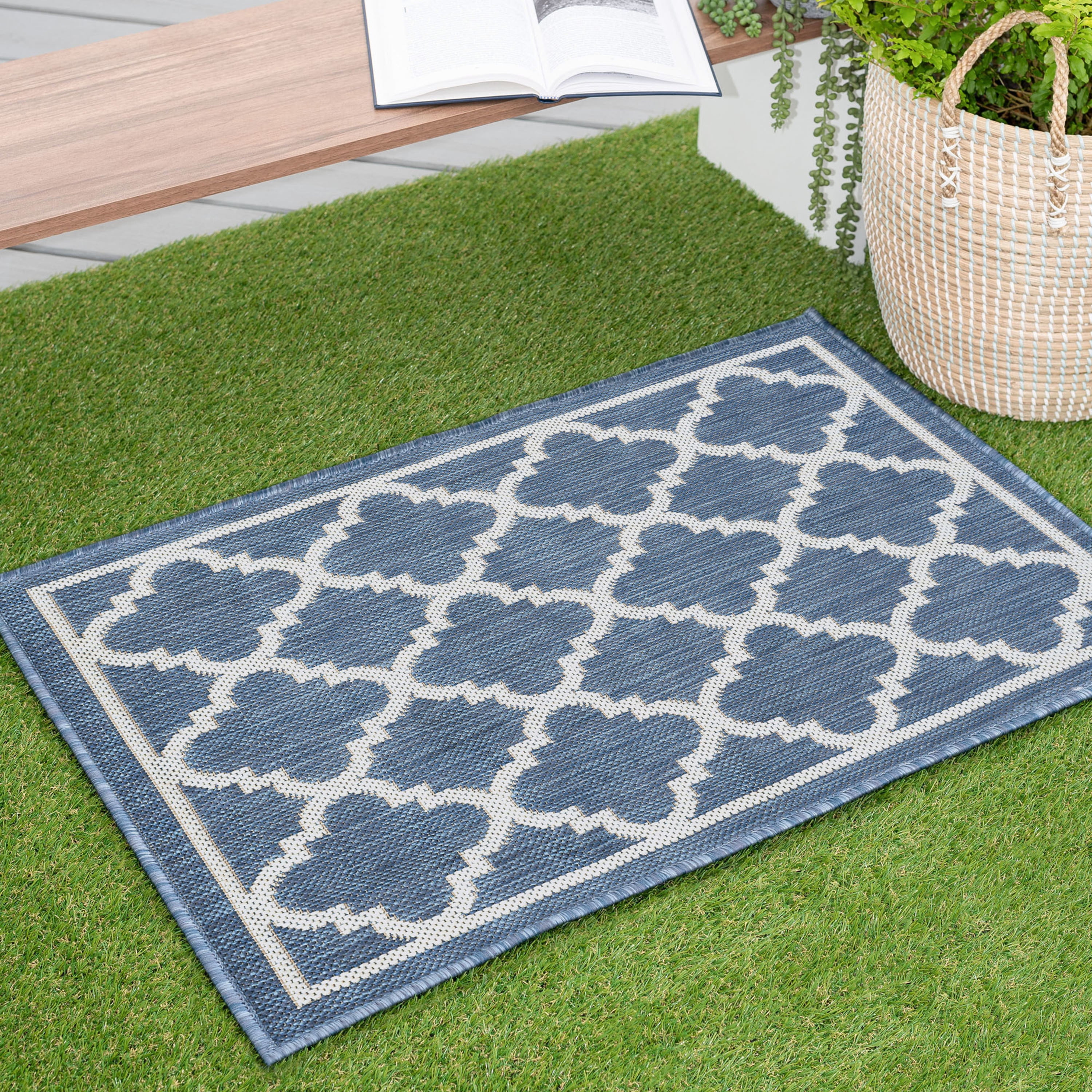 2x3 Water Resistant, Small Indoor Outdoor Rugs for Patios, Front Door Entry, Entryway, Deck, Porch, Balcony | Outside Area Rug for Patio | Blue, Geometric | Size: 2' x 3'
