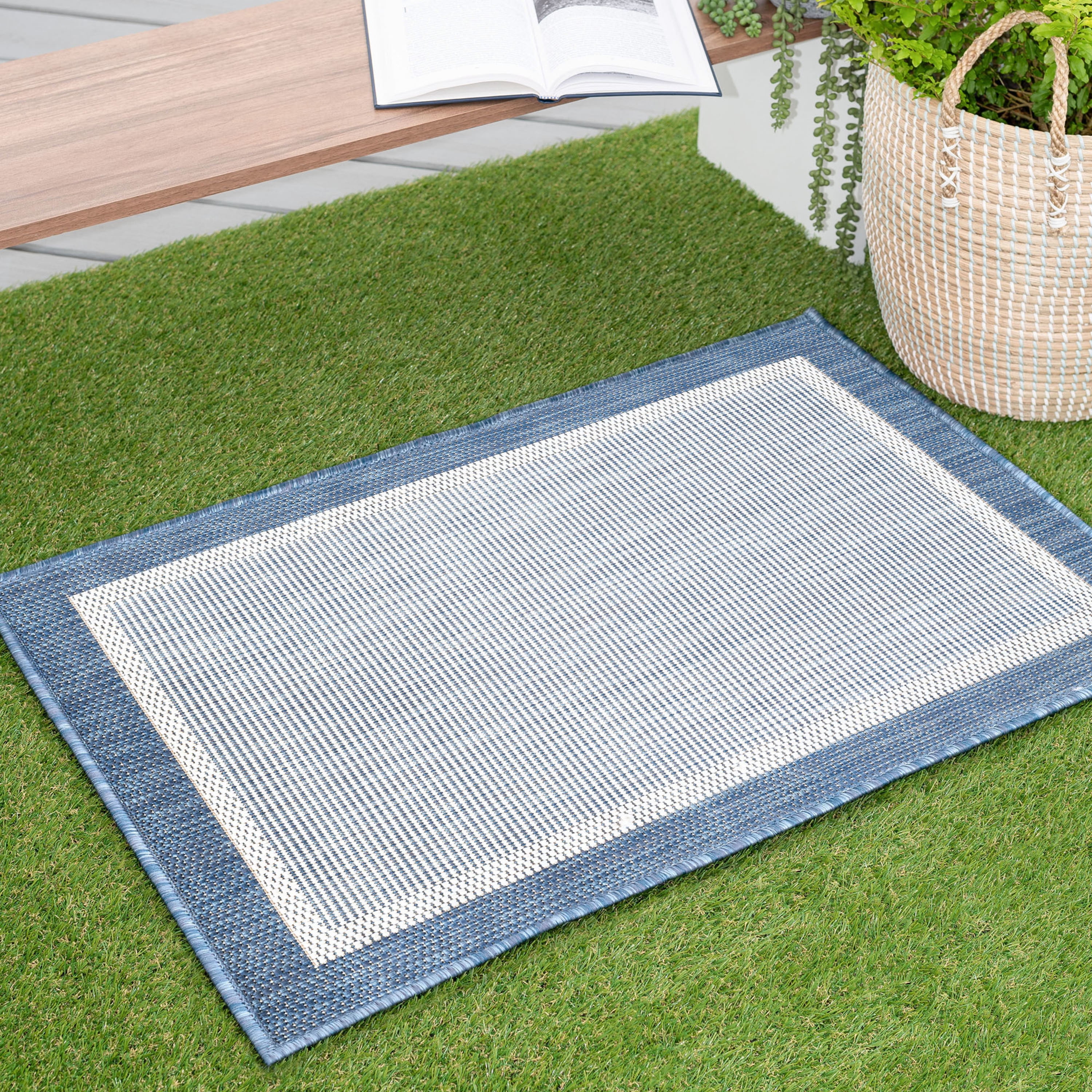 2x3 Water Resistant, Small Indoor Outdoor Rugs for Patios, Front Door Entry, Entryway, Deck, Porch, Balcony | Outside Area Rug for Patio | Blue, Solid Border | Size: 2' x 3'