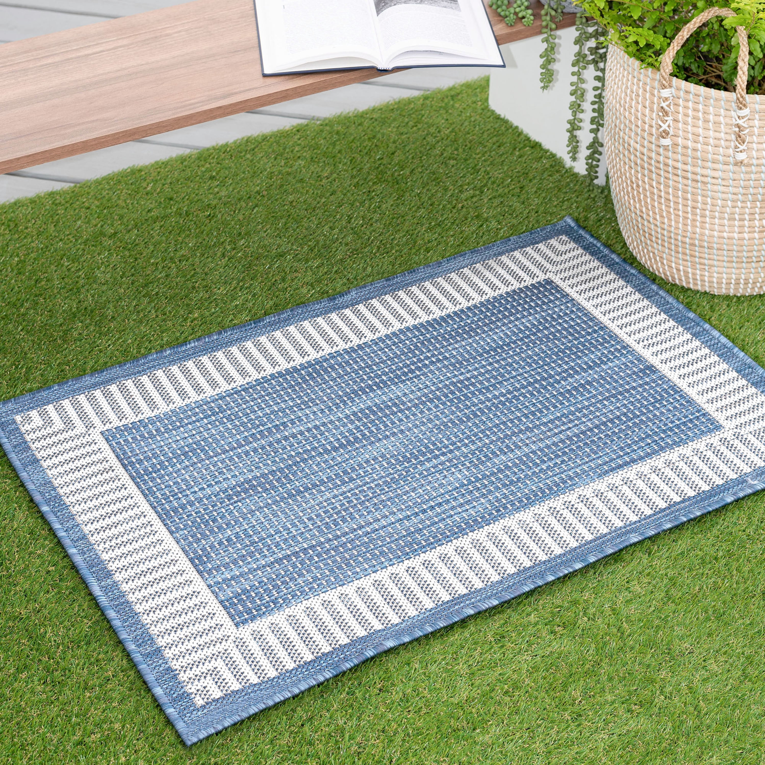 2x3 Water Resistant, Small Indoor Outdoor Rugs for Patios, Front Door Entry, Entryway, Deck, Porch, Balcony | Outside Area Rug for Patio | Blue, Striped Border | Size: 2' x 3'