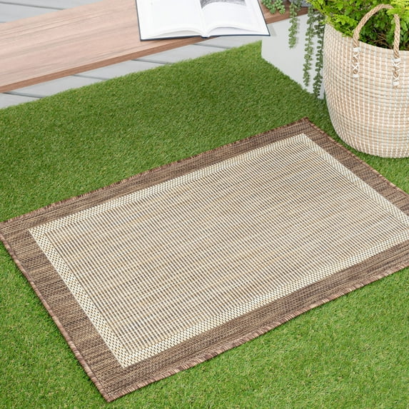 Bliss Rugs Solid Border Indoor Outdoor Rug Low-Profile Floor Mat for Patio, Entrance, Front Door |Brown, 2' x 3'