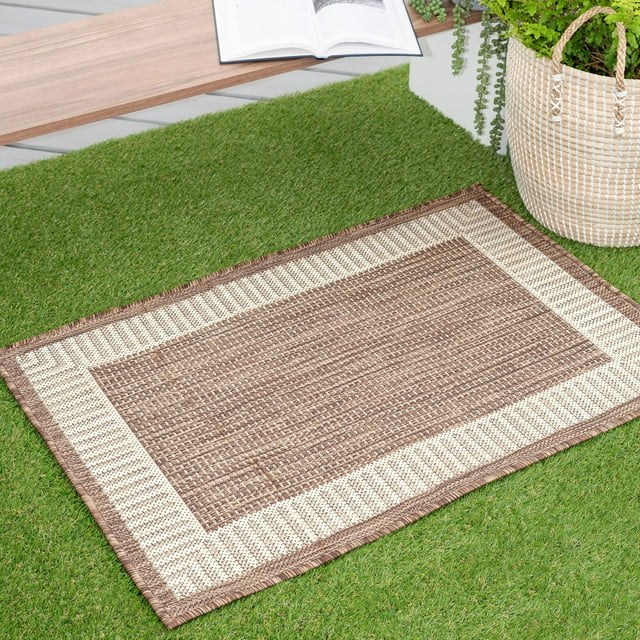 Bliss Rugs Striped Border Indoor Outdoor Rug LowProfile Floor Mat for
