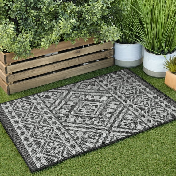 2x3 Water Resistant, Small Indoor Outdoor Rugs for Patios, Front Door Entry, Entryway, Deck, Porch, Balcony | Outside Area Rug for Patio | Charcoal, Tribal | Size: 2' x 3'