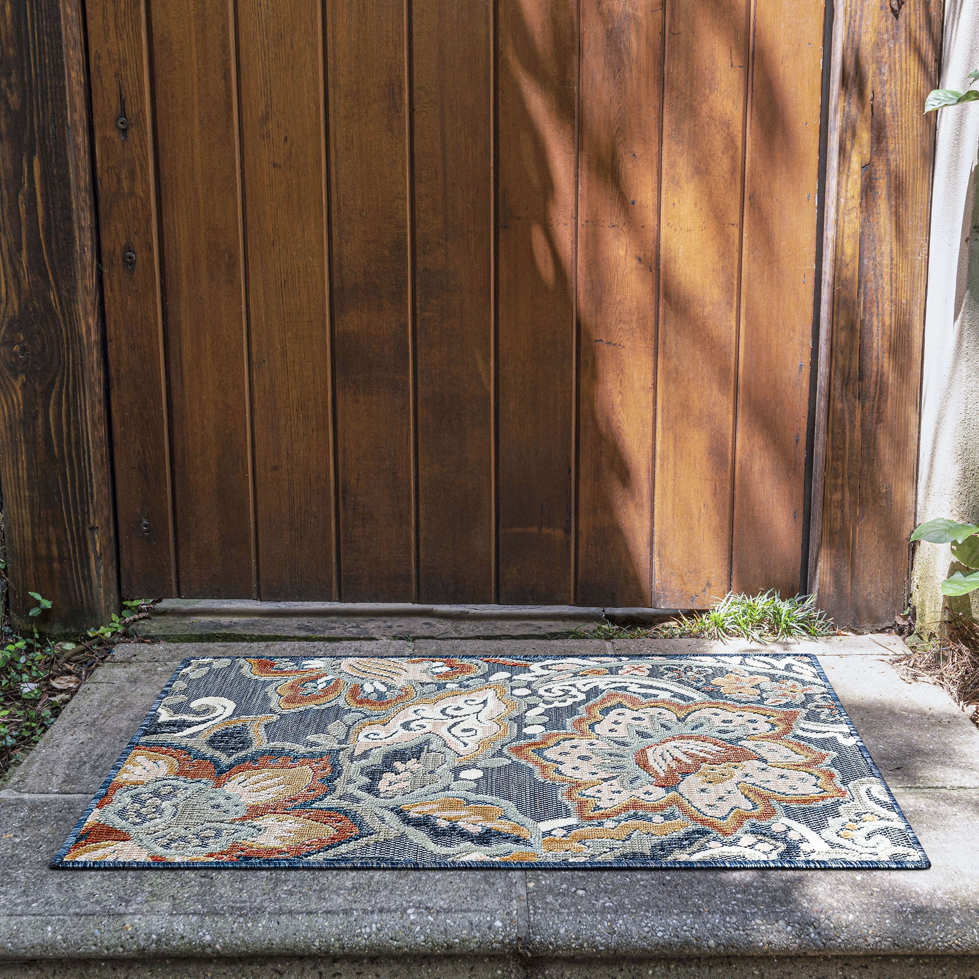 2x3 Water Resistant, Small Indoor Outdoor Rugs for Patios, Front Door Entry, Entryway, Deck, Porch, Balcony | Outside Area Rug for Patio | Dark Blue, Floral | Size: 1'11'' x 3'