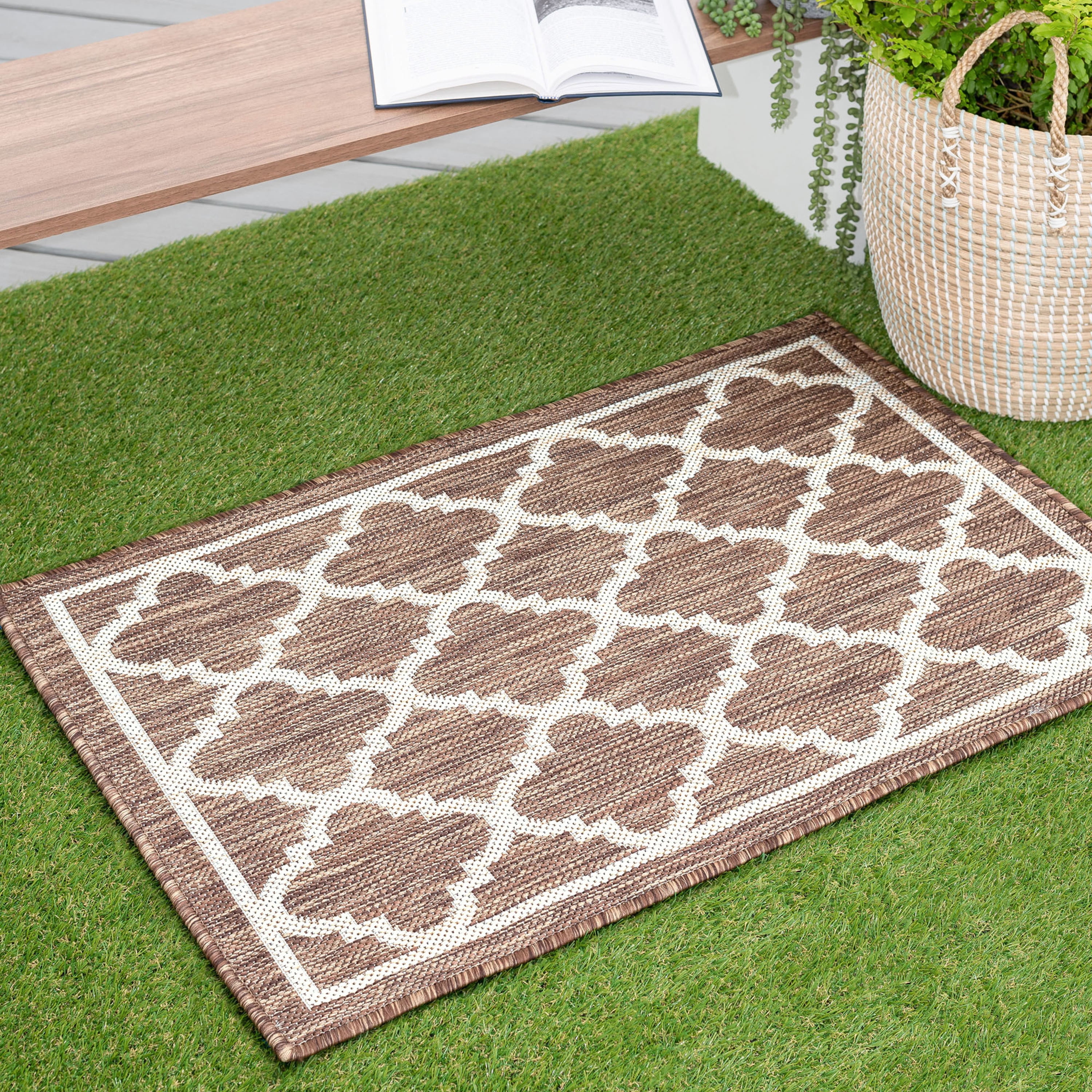 2x3 Water Resistant, Small Indoor Outdoor Rugs for Patios, Front Door Entry, Entryway, Deck, Porch, Balcony | Outside Area Rug for Patio | Gold, Geometric | Size: 2' x 3'
